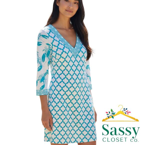 Gretchen Scott White Turquoise Print Sheath Dress XS V‑Neck 3/4 Sleeve EUC ✨ - Picture 1 of 6